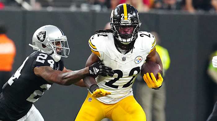 Steelers running back Najee Harris evades Raiders cornerback Marcus Peters